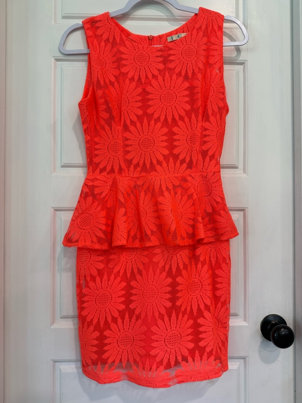 ICU Neon Coral Lace Sunflower Peplum Dress Floral Sheath Size Medium
